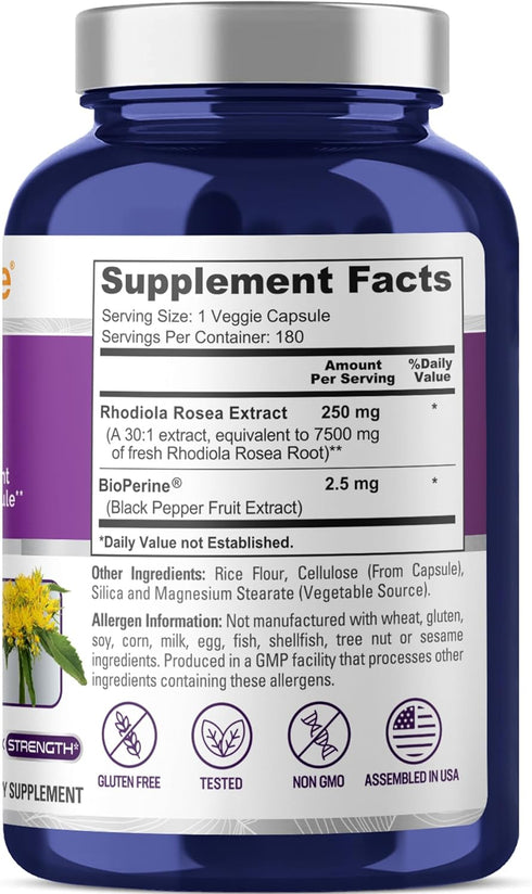 NusaPure Rhodiola Rosea 7,500mg, 180 Veggie Capsules, Non-GMO, Vegan & Gluten-Free, Extract 30:1, Bioperine