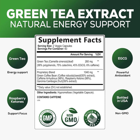 Green Tea Extract Pills - 98% Standardized EGCG 1300mg for Natural Extra Strength Energy - Supports Heart & Antioxidant Health Herbal & Immune Support Supplement Polyphenols Max Potency - 120 Capsules
