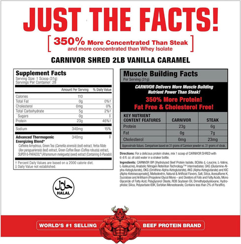 MuscleMeds Carnivor Shred Fat Burning Hydrolized Beef Protein Isolate, 0 Lactose, 0 Sugar, 0 Fat, Vanilla Caramel, 2