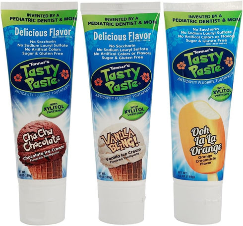 Tanner's Tasty Paste Variety, Anticavity Fluoride Children’s Toothpaste in Vanilla, Chocolate & Orange (3-Pack)