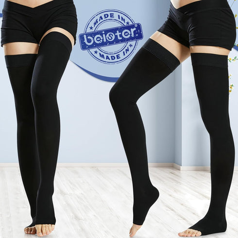 Beister 1 Pair Medical Compression Stockings, Open Toe Thigh High, 20-30 mmHg Support for Varicose Veins, Edema