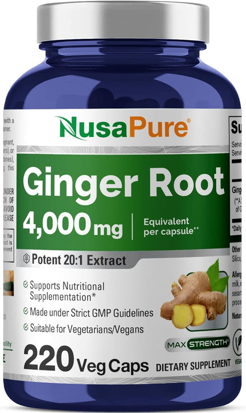 NusaPure Ginger Root Capsules 4000mg - 220 Count, Non-GMO, 20:1 Extract