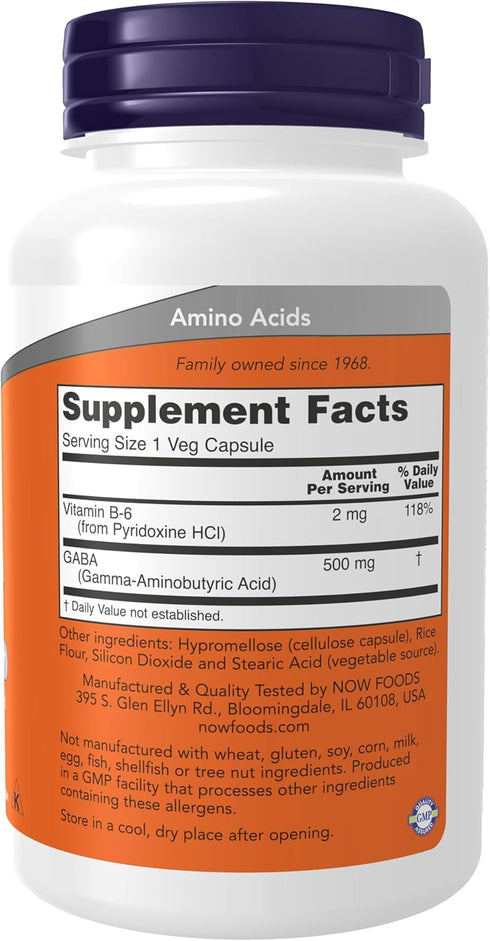 NOW Foods Supplements GABA 500 mg + B-6, Natural Neurotransmitter*, 100 Veg Capsules