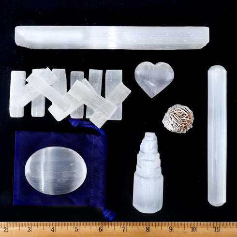DANCING BEAR Selenite Protection Collection (22 pc Set): 12-15 Sticks (1.5-2”), Palm Stone, Heart, Tower, 8" Stick,