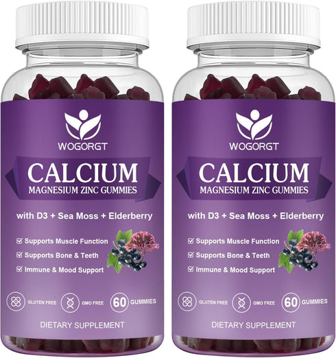 Calcium Magnesium Zinc Gummies with Vitamin D3, High Absorption Complex Supplement with Sea Moss & Elderberry, 60