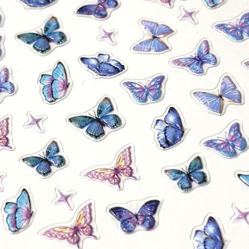 Butterfly Nail Art Stickers, 5D Self-Adhesive Spring Nail Stickers, Blue Pink 3D Embossed Nail Design