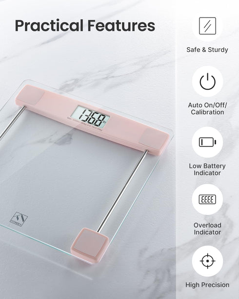 FITINDEX Digital Bathroom Scale for Body Weight, Highly Accurate, Large LCD Display, Slim Tempered Glass, 400 lbs, Pink