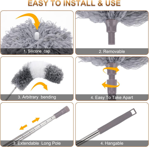 Microfiber Duster for Cleaning, 9PCS Extendable Feather Duster (Stainless Steel), 30 to 100 Inches