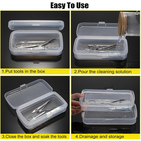 JUXYES Plastic Sterilizing Tray for Nail Art Tools, Portable Sterilizer with Strainer, Clear Storage Box Organizer