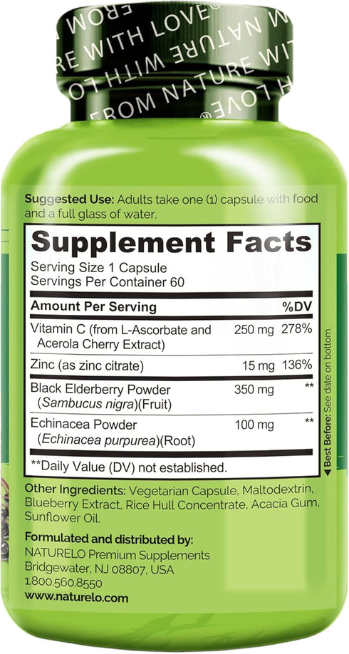 Immune Immunity 60 NATURELO Support Vitamin C, Elderberry, Zinc, Echinacea Natural Boost w/Antioxidant, Herbal