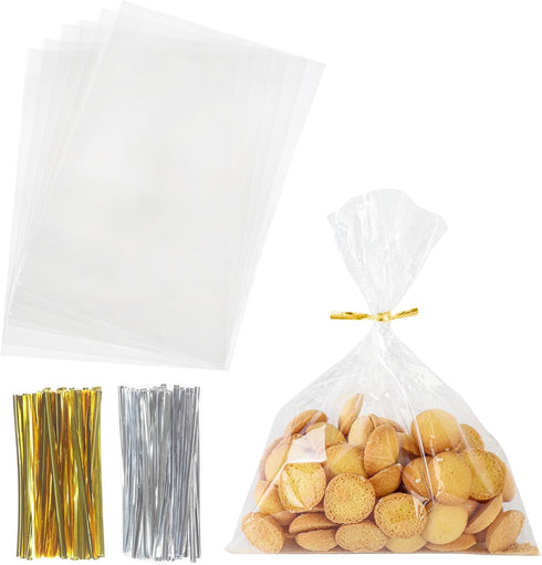 Egofine 200 PCS Clear Cellophane Treat Bags, 4x6 Inches with 4" Twist Ties for Gifts, Cookies, Candy, Party Favors