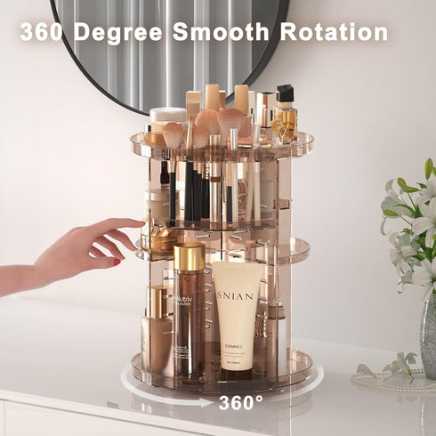 Rotating Makeup Organizer for Countertop, DIY Adjustable Trays Spinning Skincare Organizers with Brush Holder