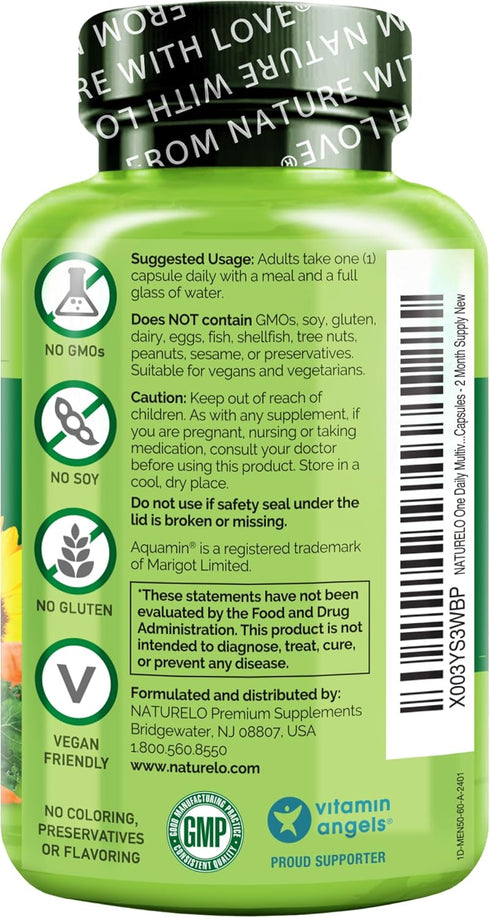 NATURELO Mens Multivitamins for Men 50+ - One Daily Multivitamin with Organic Whole Foods, Vitamins & Minerals, 60