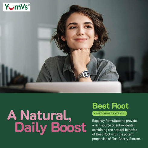 YumVs Beet Root Gummies with Tart Cherry Extract - Berry Flavor, Beet Chews for Blood Circulation and Antioxidant