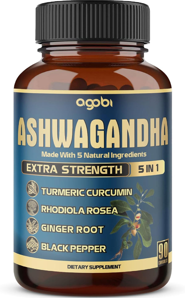 Ashwagandha Extract Capsule, Great Strength, 5in1 Ginger, Turmeric, Rhodiola Rosea & Black Pepper, 90 Capsules