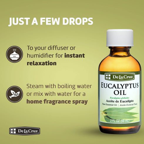 De La Cruz Eucalyptus Essential Oil, 100% Pure Steam Distilled Eucalyptus Globulus, 4 FL OZ, Aromatherapy for Diffuser