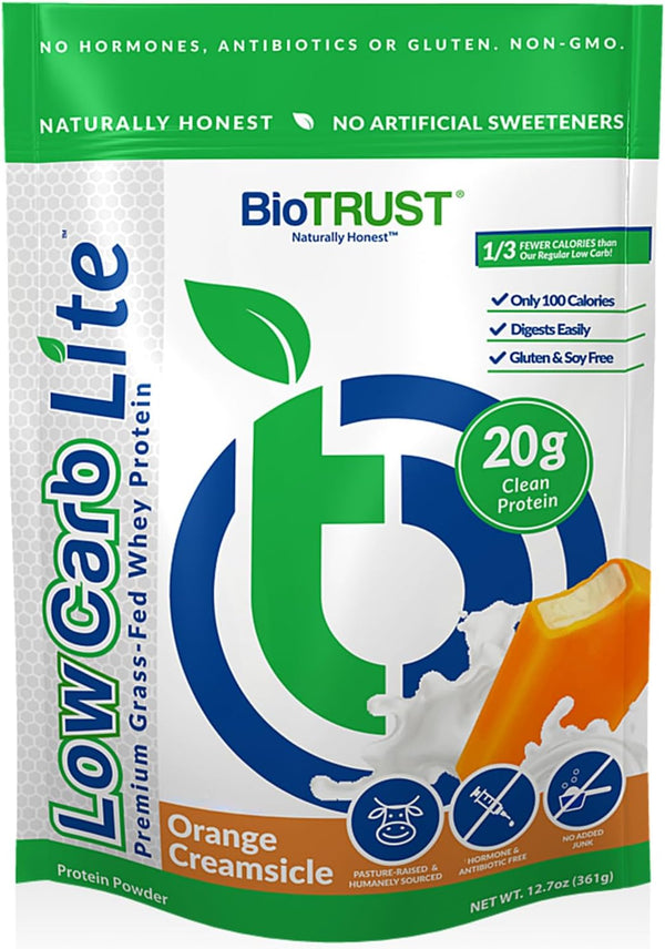 BioTrust Low Carb Lite, 20g Grass-Fed Whey Protein Isolate, 100 Calories, 14 Servings, Orange Cream Flavor