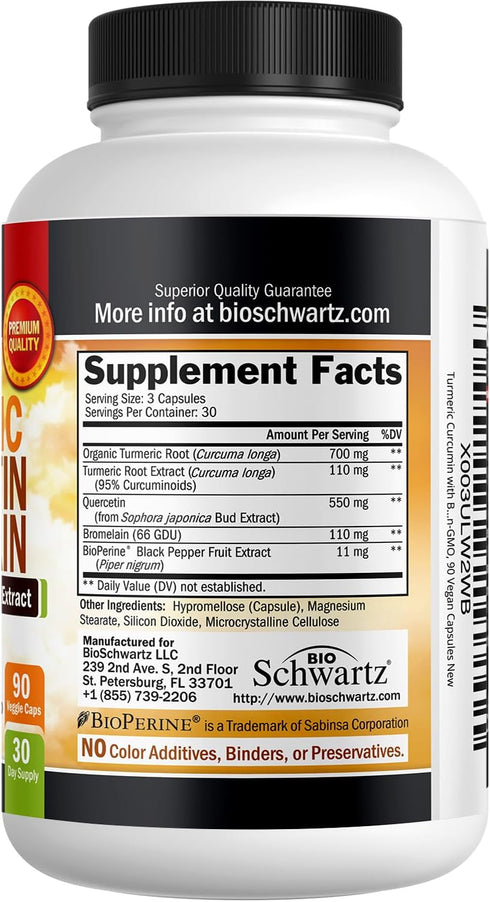 Turmeric Quercetin with Bromelain Supplement - Extra Strength Immune & Joint Support with BioPerine for Max Absorption