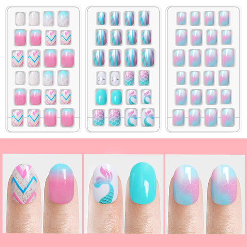 Laza 120pcs Children Nails Press On Pre-glue Full Cover Nail Tips Kit, Glitter Gradient Color for Kids - Ocean Seashell