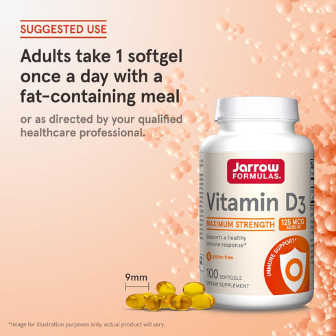 Jarrow Formulas Vitamin D3 125 mcg (5000 IU), 100 Servings, Bone Health, Immune Support, Gluten Free
