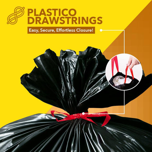 Plastico Large Trash Bags, 30 Gallon, Black, 28 Garbage Bags, Extra Strong, Easy Drawstrings, Odor Guard Control,