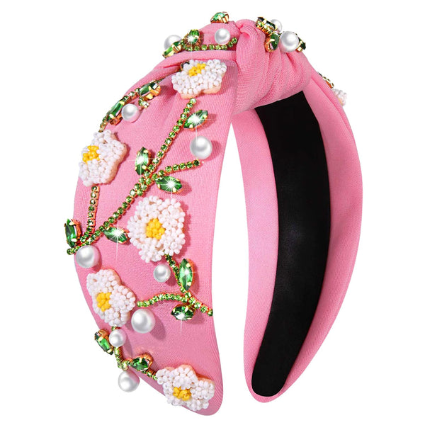 Summer Headband for Women Beaded Flower Palm Leaf Watermelon Fruit Headband Rhinestone Jeweled Knotted Headband Boho White Pink Wide Top Knot Headband Summer Beach Hair Accessories (Flower E)