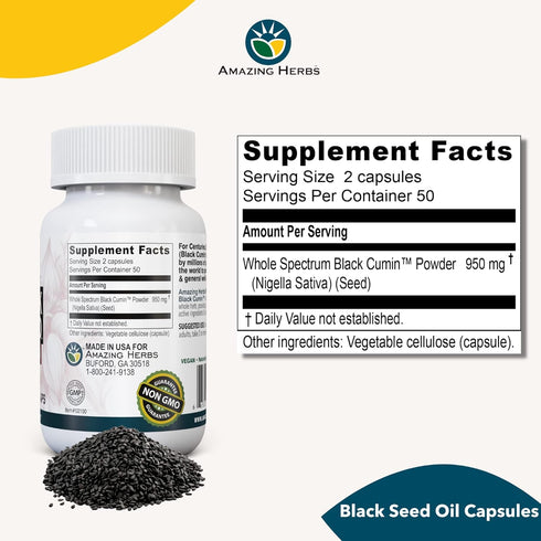 Amazing Herbs Whole Spectrum Black Seed Original Plain, 100 Count, Vegetarian Capsules, Gluten Free, Non-GMO