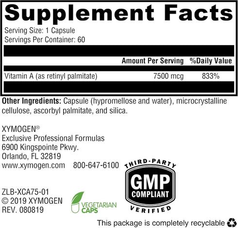 XYMOGEN Xcellent A 7500-25,000 IU High-Potency Vitamin A Supplement (Retinyl Palmitate) - Supports Healthy Immune