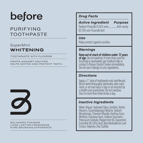 Before Natural Whitening Travel Size Toothpaste, Purifying Clean Ingredients for Mouth Health, Balanced Foaming, Low Teeth Abrasion, Long Lasting Minty Flavor, Plant-Based Recyclable Tube — 0.67oz