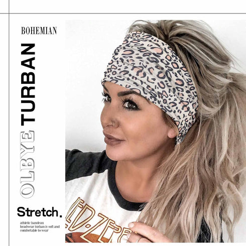 Olbye Boho Headbands for Women, Wide Turban Elastic Nonslip Hairbands for Workout Yoga Running (H- Leopard)
