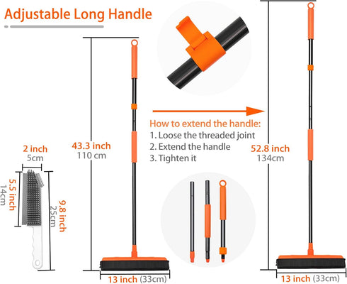 JEHONN Rubber Broom, Carpet Rake for Pet Hair Remover with Squeegee, 52.8 Inches Telescopic Long Handle