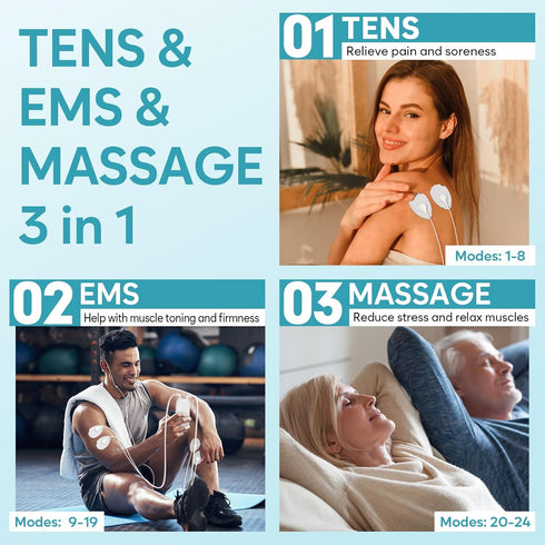 Easy@Home Electronic TENS Unit: Pain Relief Therapy - EMS Pulse Massager Rechargeable Machine - Dual Channel, 24 Modes,