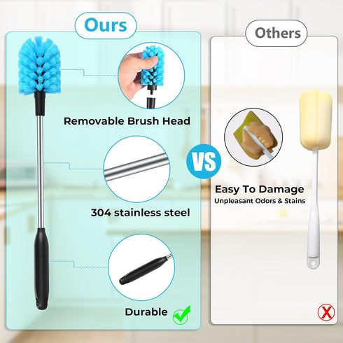 2-in-1 Stainless Steel Long Handled Water Bottle Brush, Multi-Purpose Scrubbing Brush with Replaceable Heads