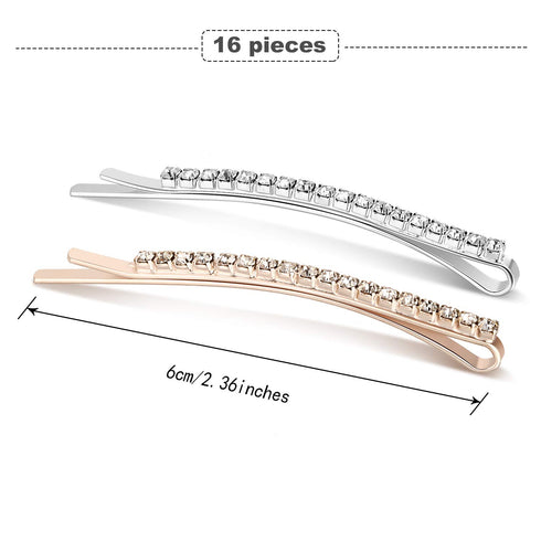 TecUnite 16 Pcs Rhinestone Bobby Pins - Bling Decorative Hair Clips for Women, Bridal Wedding Party, 2.36 Inch