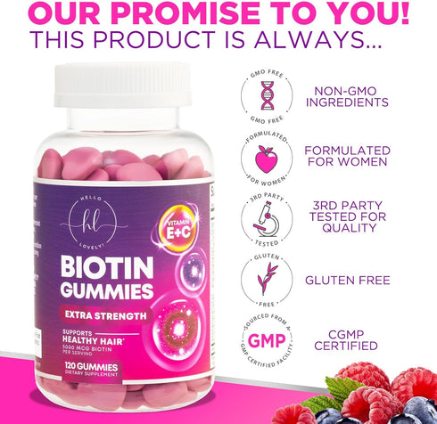 Hair Vitamins Gummy with Biotin 5000 mcg, Vitamin E & C for Hair Growth, 120 Gummies, Non-GMO