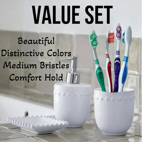 4pc Adult Medium Bristles Toothbrush with Caps, Comfort Hold Deep Clean, Cheek & Tongue Cleaner, Travel TSA Approved
