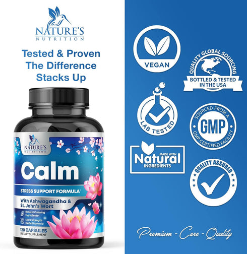 Natural Calm Unwind & Relax Support with Ashwagandha, GABA, Magnesium, 120 Vegan Capsules