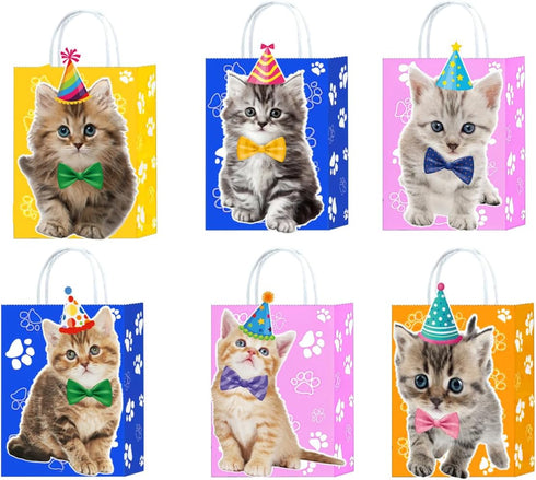 Cat Gift Bags Kitten Paper Goodie Bags, 12PCS for Kids Birthday, Pet Adoption, Cat Theme Party Supplies