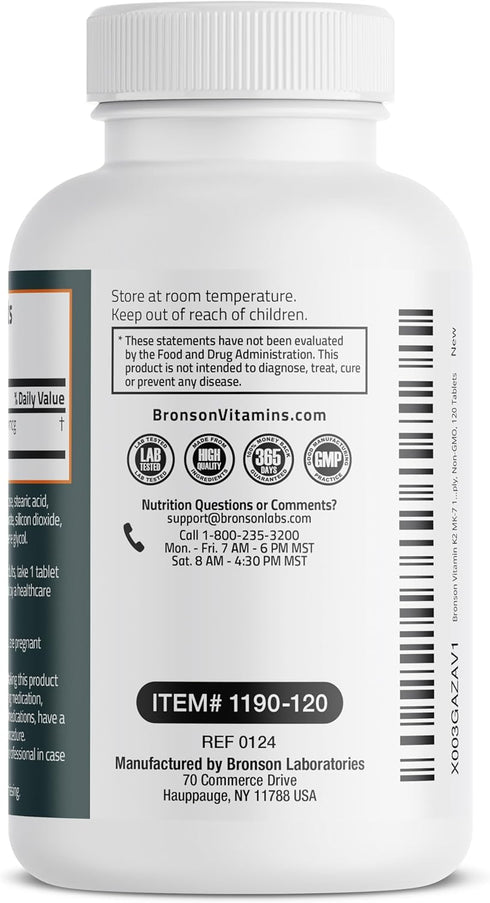 Bronson Vitamin K2 MK-7, 100 MCG, Bone Support, Non-GMO, 120 Tablets