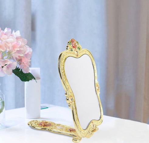 Nerien Antique Mirror Comb Set, Vintage Metal Handheld Makeup Mirror with Comb, Gold-1