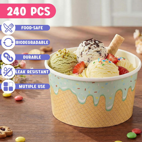 Jingmore 240 4/6/8 oz 6 Frozen Summer (8 oz) Pcs Ice Cream Bowls Paper Ice Cream Cups Containers Bulk Colors Disposable