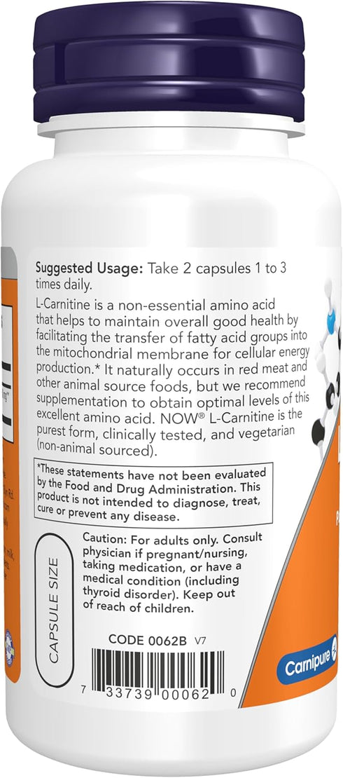 NOW Foods Supplements, L-Carnitine 250 mg, Purest Form, Amino Acid, Fitness Support*, 60 Veg Capsules
