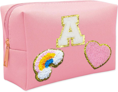 Personalized Initial Preppy Makeup Bag Set - Monogram Waterproof Travel Cosmetic Bag for Women, Cute Toiletry Bag