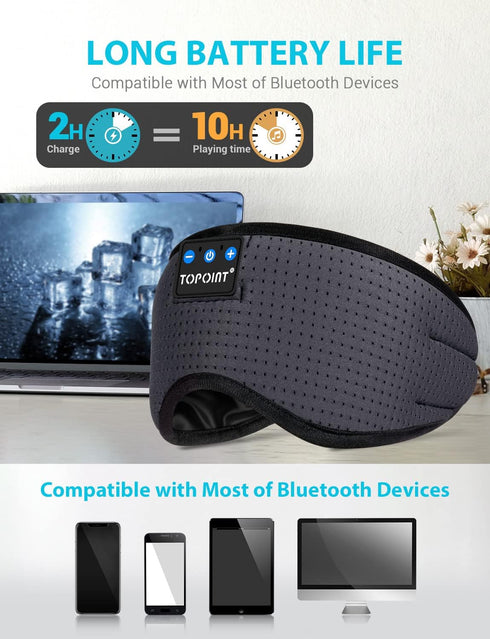 TOPOINT Wireless Bluetooth Sleep Headphones Eye Mask with Microphone, Handsfree, Silk Sleep Mask for Side Sleepers