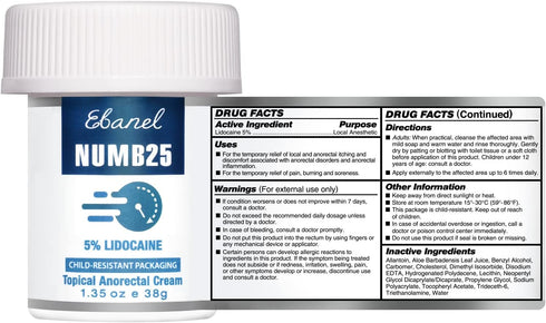 Ebanel 5% Lidocaine Numbing Cream for Pain Relief, Maximum Strength with Vitamin E