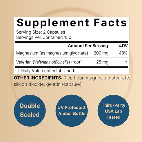 Magnesium Glycinate 200mg with Valerian Root, 300 Capsules | 100% Chelated & Purified Mineral Supplement – Ultra High Absorption – Non-GMO, Gluten Free