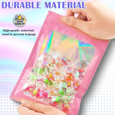 JETMORE 100 PCS Mylar Bags: Pink Holographic Smell Proof Resealable Bags for Small Business, 2.8x3.9in Foil Pouch Bags