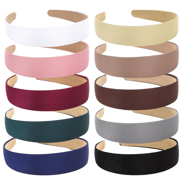 Wecoe 10 Pack Satin Headbands Women Non Slip Fashion Hair Bands 1.3 Inch Wide in White Blue Pink Red Green Brown Khaki