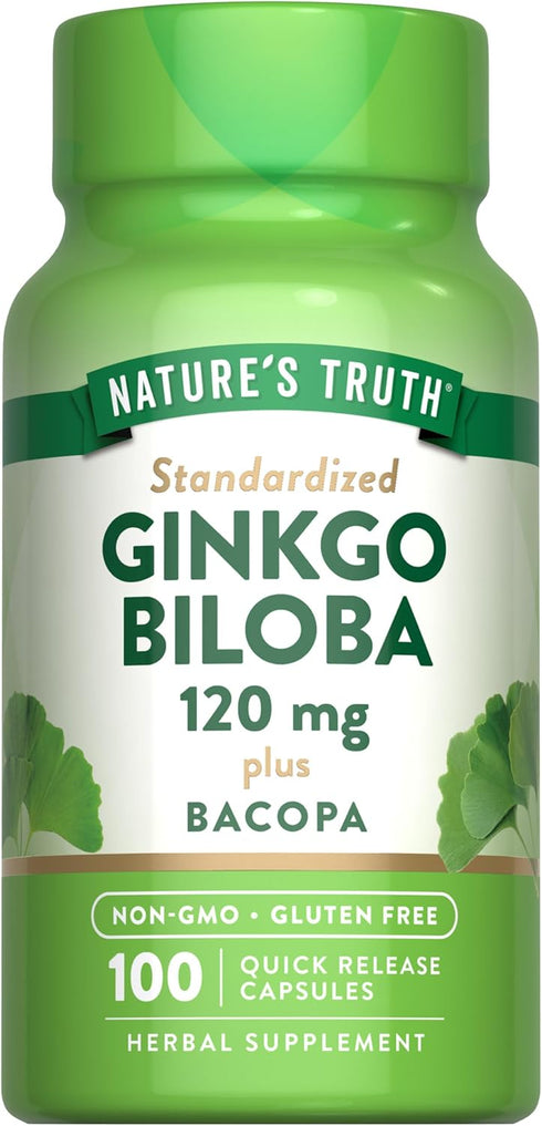 Ginkgo Biloba 120mg Plus Bacopa - 100 Quick Release Capsules, Standardized Extract, Non-GMO & Gluten Free Supplement