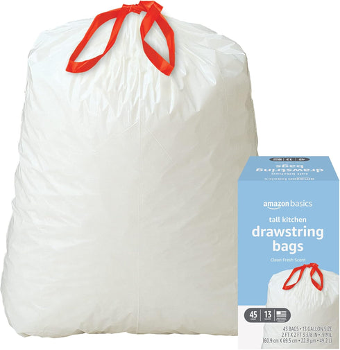 Amazon Basics Tall Kitchen Drawstring Trash Bags, Clean Fresh Scent, 13 Gallon, 45 Count, Pack of 1